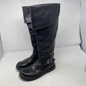 Womens Black Leather Knee High Boots Buckle Zip Riding Winter Style 6.5